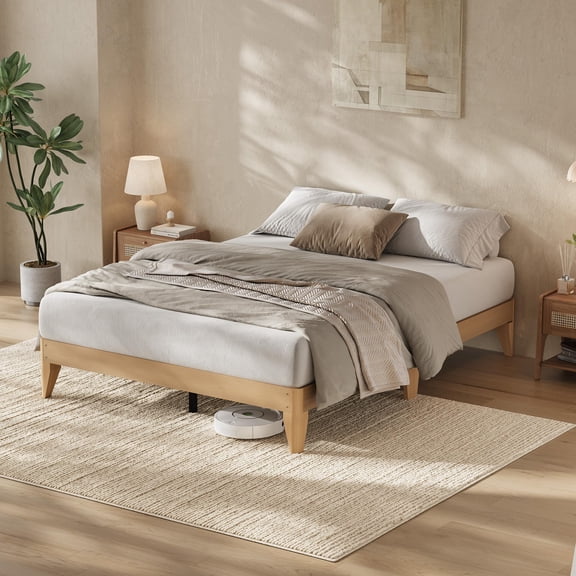 CazToi Queen Size Wood Platform Bed Frame Sturdy Wood Legs & Slats & Underbed Storage