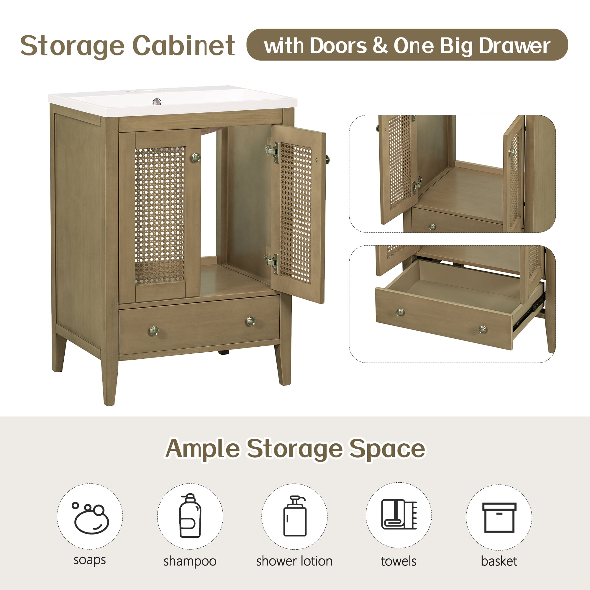 Harper & Bright Designs 24" Bathroom Vanity Sink Combo for Small Space, Natural Rattan Bathroom Storage Cabinet with Two Doors and Drawer, Solid Wood Frame