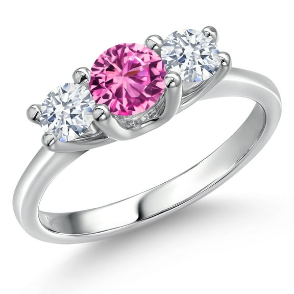 Gem Stone King 14K White Gold Pink Created Sapphire & White Zirconia 3-Stone Engagement Ring | 1.05 Cttw | Round 5MM and 4MM | Three Stone Wedding Anniversary Promise Ring for Women (Size 5)