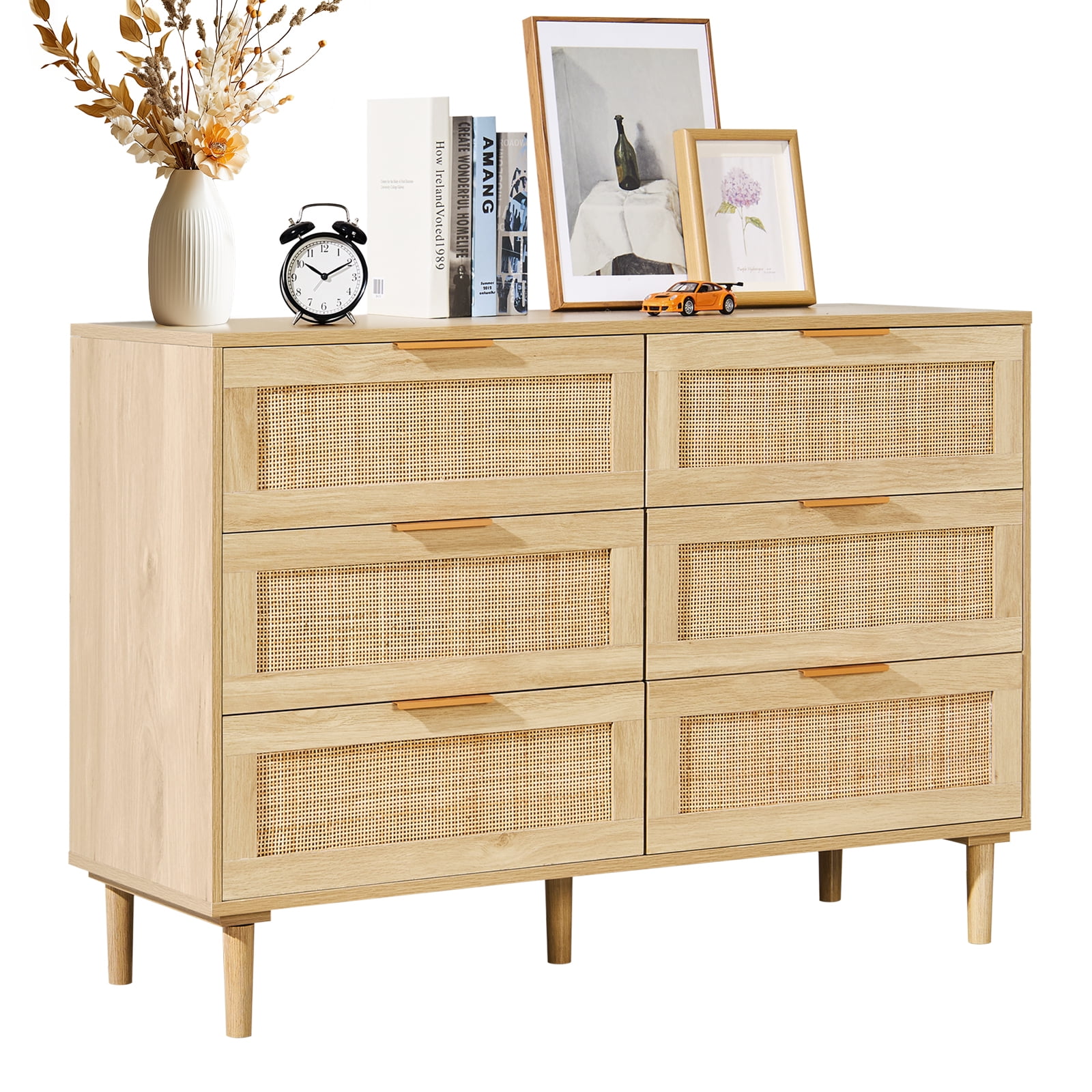 KFFKFF Rattan Dresser with Six Drawers, Contemporary Wooden Clothes Storage Unit & Bohemian Style Dresser, Equipped with Durable Handles & Legs, Ideal for Bedrooms, Living Spaces & Corridors