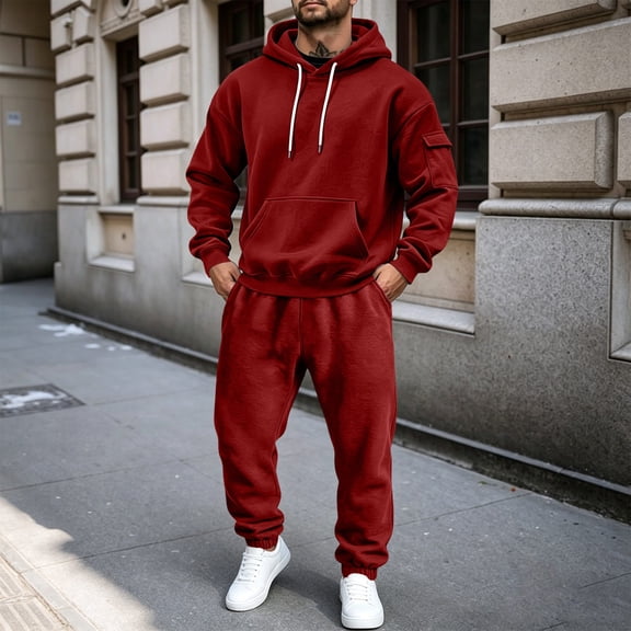 Fleece Tracksuit Mens Full Set 2-Piece Hooded Sweatshirt and Joggers Activewear Solid Color Hoodies Bottoms Track Suits for Men Fall Winter Hoody Jogging Pants Sets Gym Running Sportswear Red L