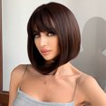thumbnail image 4 of Peluca con flequillo recto, ondas marrones, cabello corto, bobo, pelucas naturales para uso diario que cubren toda la cabeza, 4 of 4