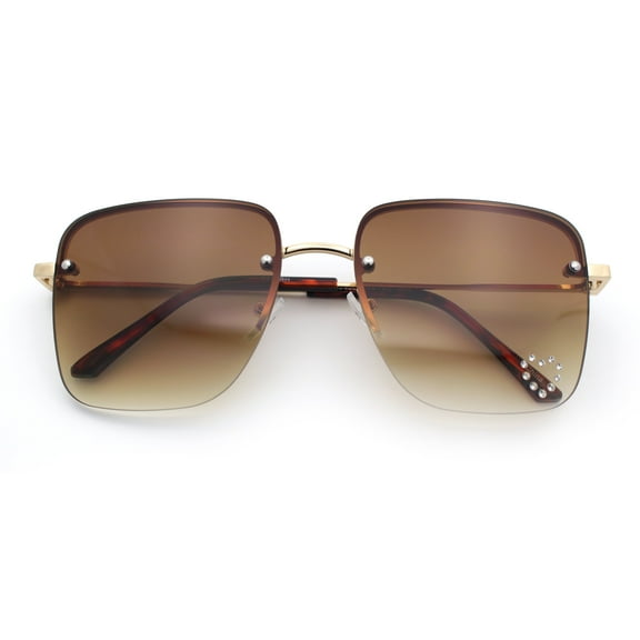 Womens Rimless Rectangle Rhinestone Heart Jewel Studded Lens Metal Sunglasses Gold - Brown