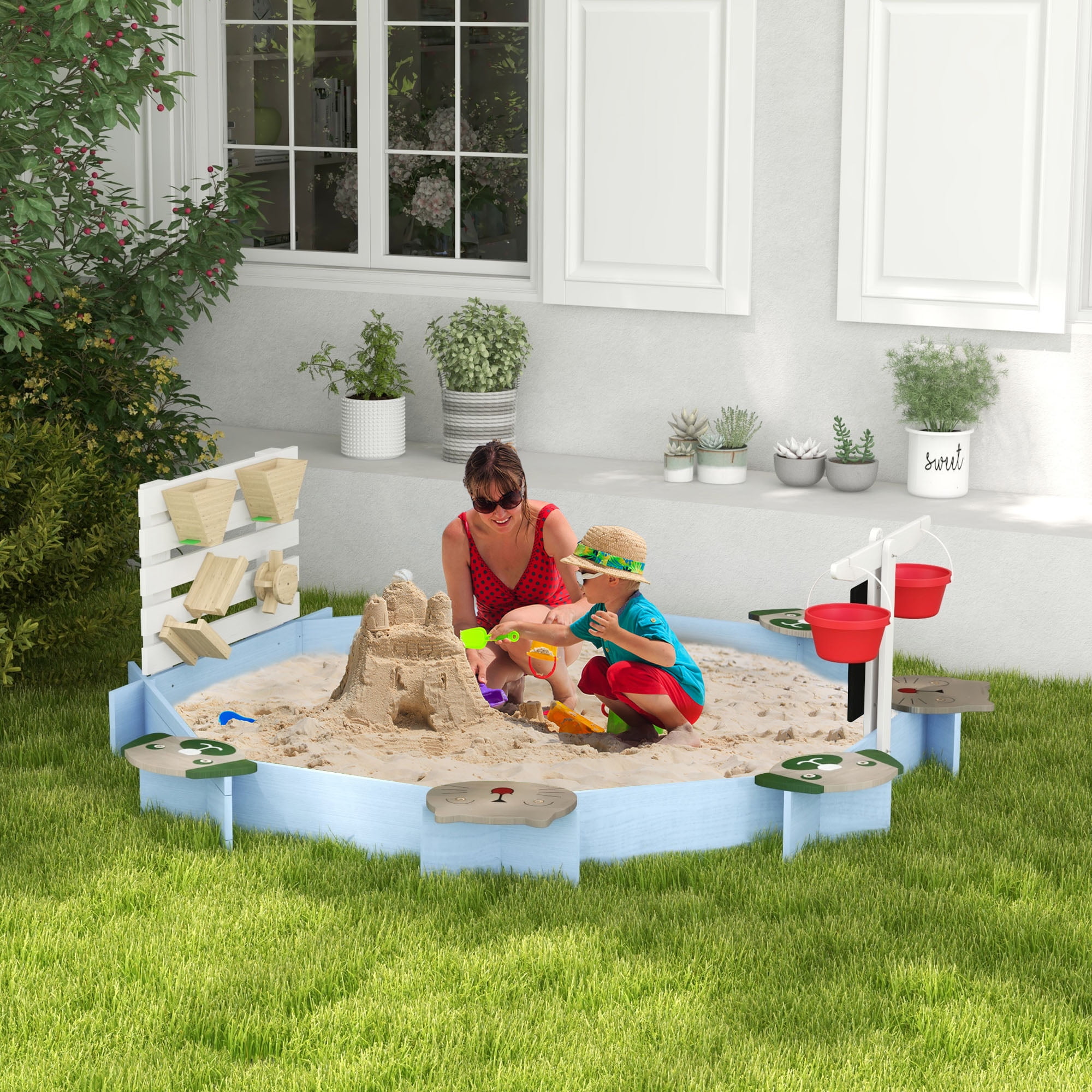 Outdoor Play Equipment Wooden Sandbox for 3-7 Years, 85" x 85" x 25", Blue,Backyard Playset