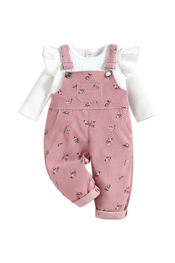 2 Pieces Kids Suit , Solid Color O-Neck Long Sleeve Tops+ Floral Print Suspender Trousers