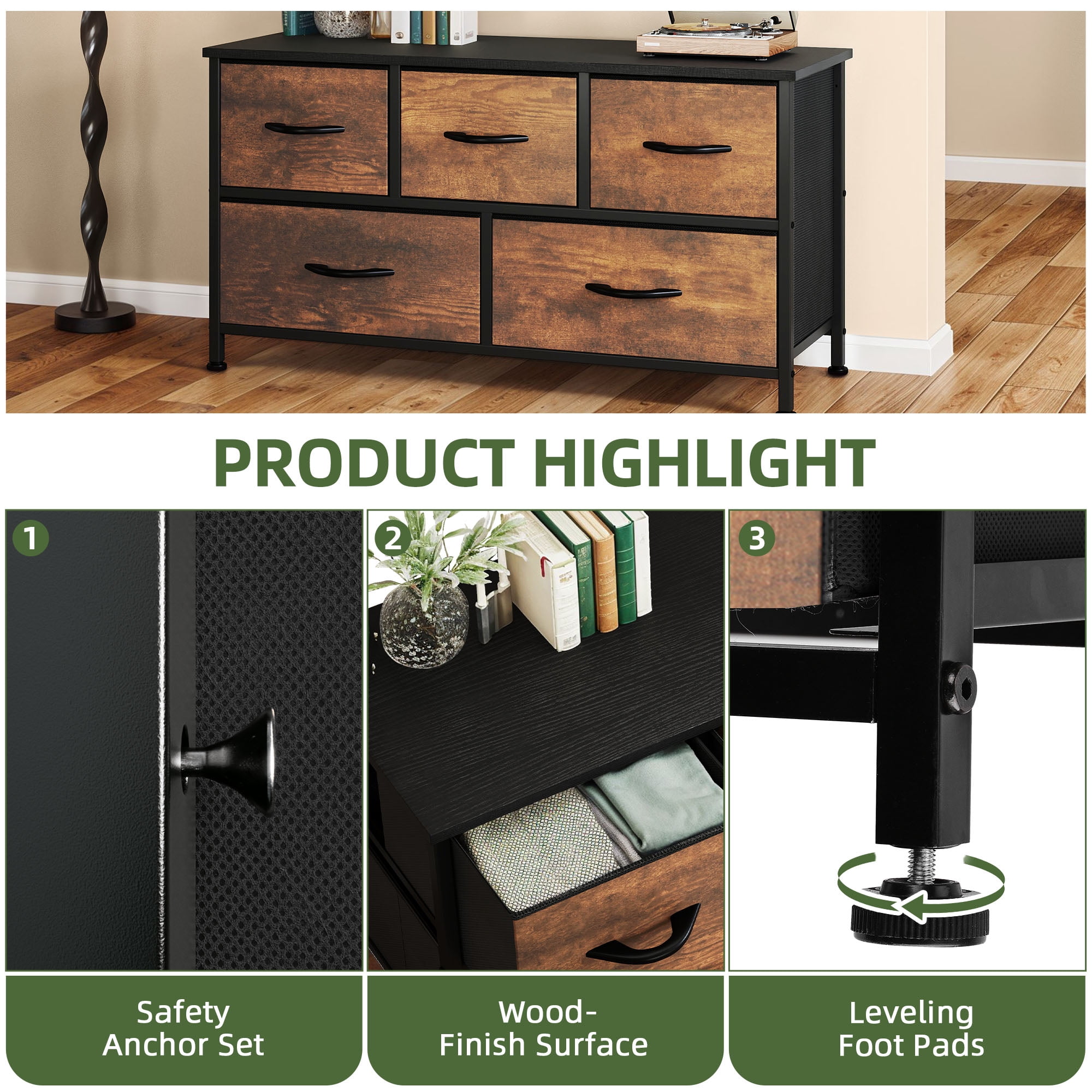Uforic 5 Drawer Dresser for for Adult, Fabric Wide Chest of Drawers Nightstand Storage Tower Wooden Top, Brown