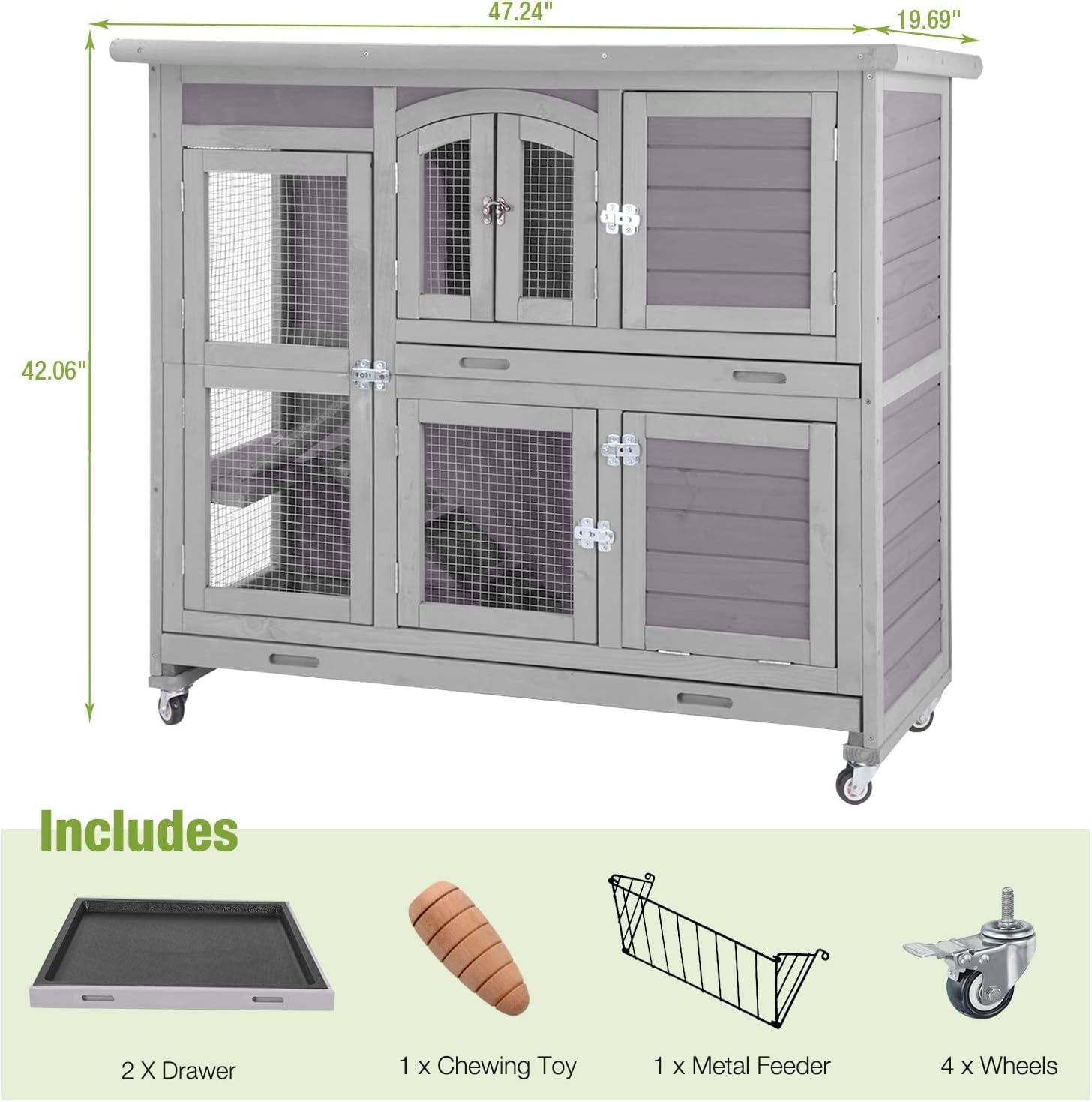 47" Rabbit Hutch Indoor Outdoor Bunny Cage on Wheel Bunny House with Tray