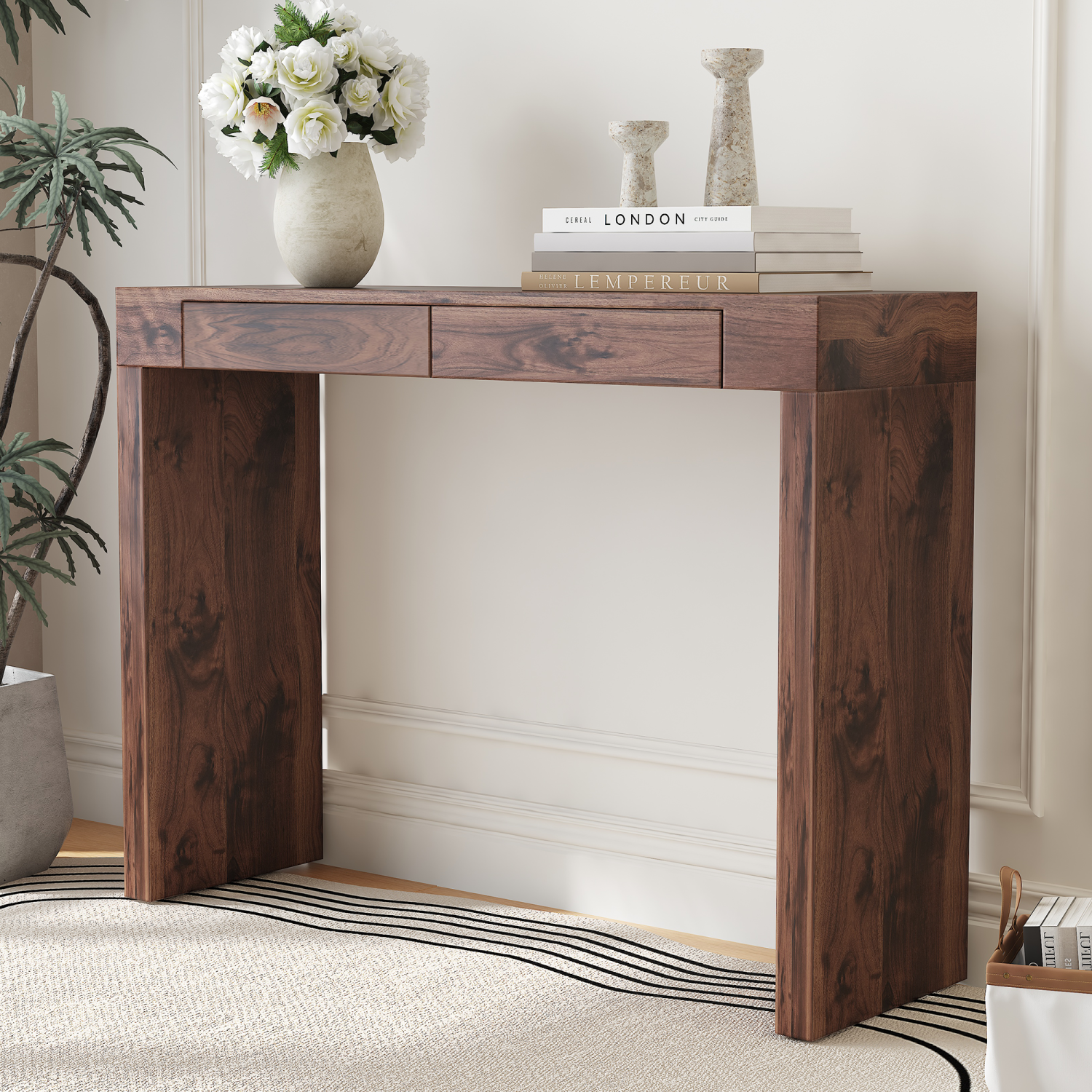 Youmumeub Modern Walnut Console Table & Desk, 50 Inch Narrow Entryway Table with Storage Drawers, High Standing Computer Desk for Home Office & Hallway, Natural