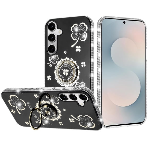 For Samsung s26 Splendid Glitter with Diamonds All Around Edges Ring Stand Case Cover - Black