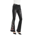 thumbnail image 3 of Womens Floral Daisy Embroidered Mid Rise Bell Bottom Flare Frayed Hem Jeans, 3 of 5