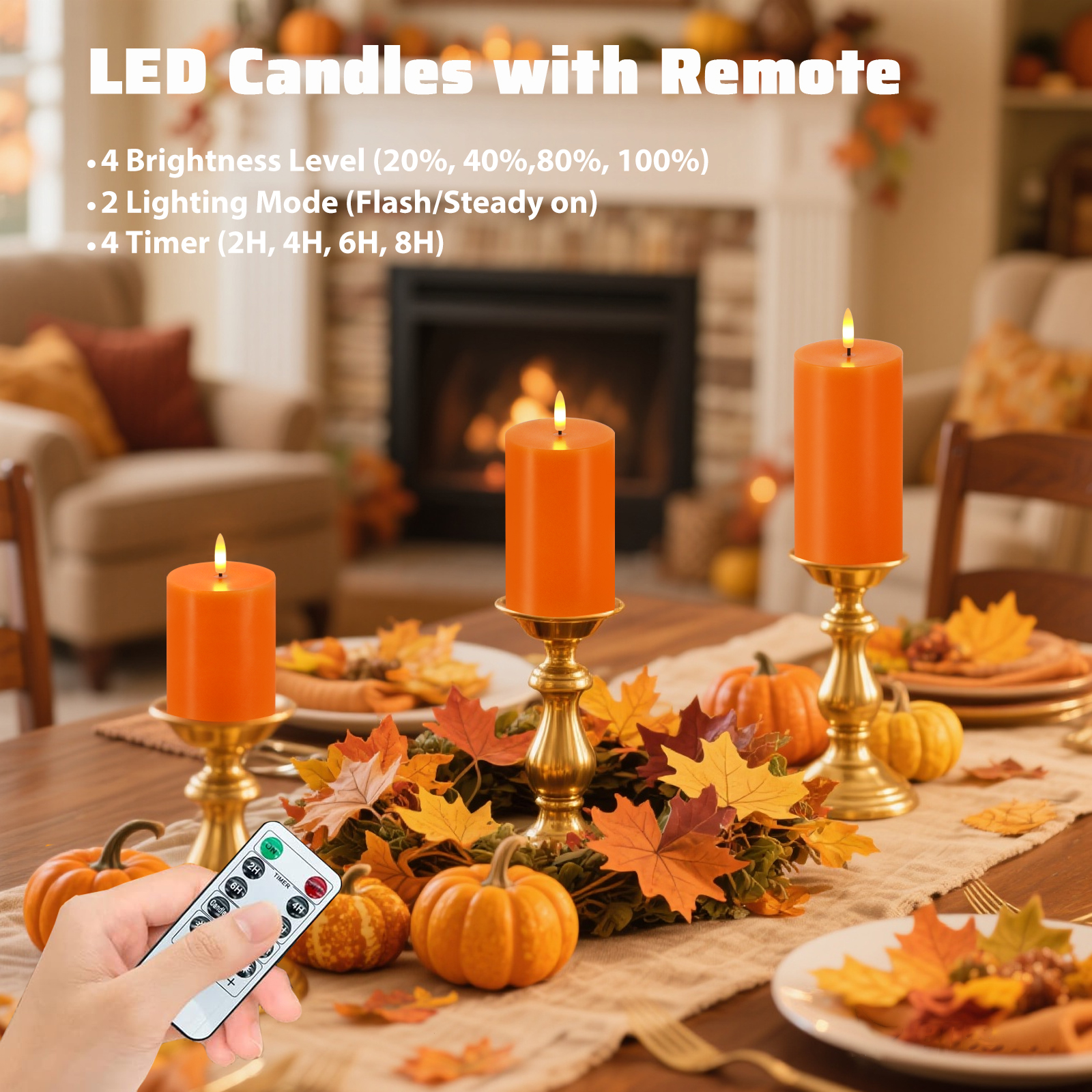 Orange Flameless Candles, Set of 3 Flickering LED Candles with Remote & Timer, Dimmable Real Wax Electric Pillar Candles Battery Operated, Orange Candles for Fall Thanksgiving Halloween Decor