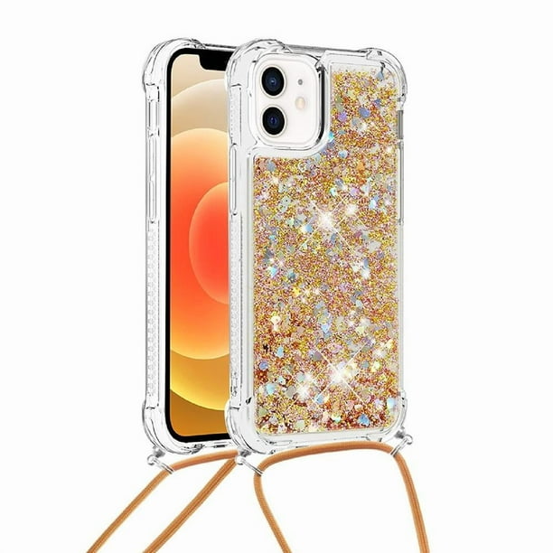 Funda FOXDOCK para iPhone 12 con Cuerda Ajustable, Brillo Líquido, Protección Antigolpes y Lente – Ideal para Regalo