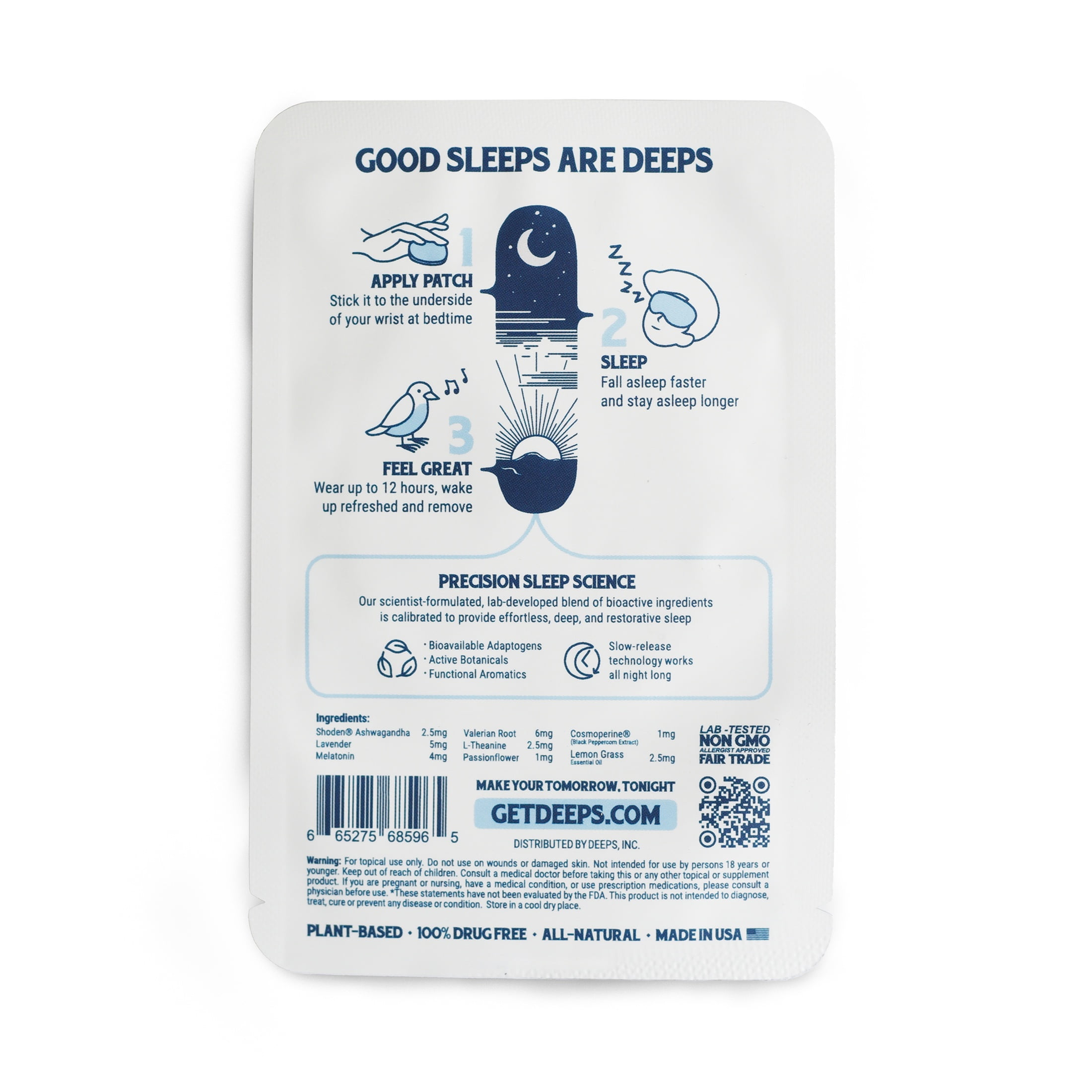 DEEPS Nightly Sleep Patch – Natural, Drug-Free Sleep Patches for Quality and Efficient Rest, Melatonin, Ashwagandha, Valerian Root, Lavender, 10 Count