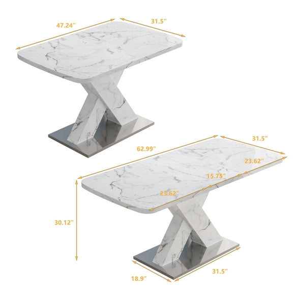 Modern Square Dining Table,Stretchable,With Printed White Marble Table Top Mdf X-Shape Table Leg with Metal Base (Same Sku:W757S00007),White Mdf Steel Furniture Primary Living Space Tables