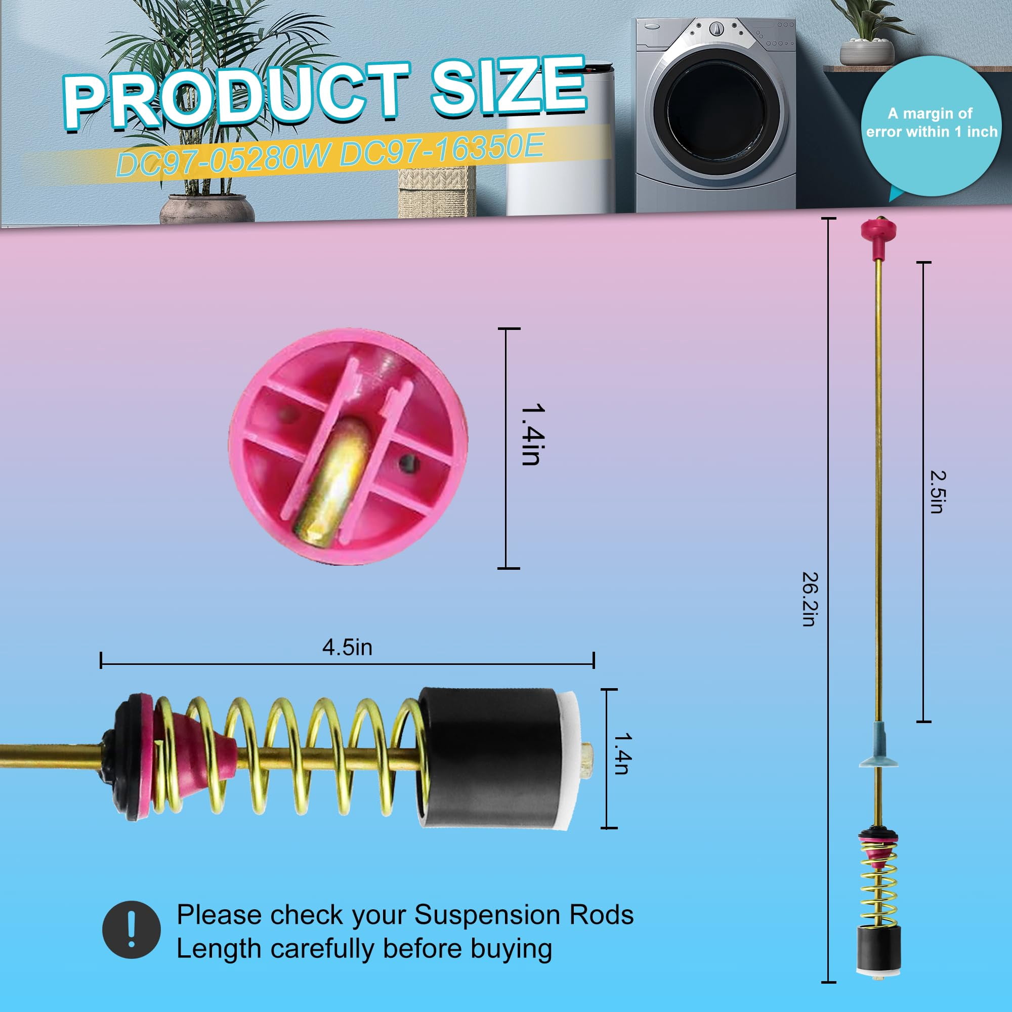 Emlimny 4 Pcs Washer Suspension Rod Replaces compatible For Samsung DC97-16350U DC97-16350T for WA50R5200AW/US, WA50R5400AV/US WA50R5400AW/US Reduce Vibration & Noise
