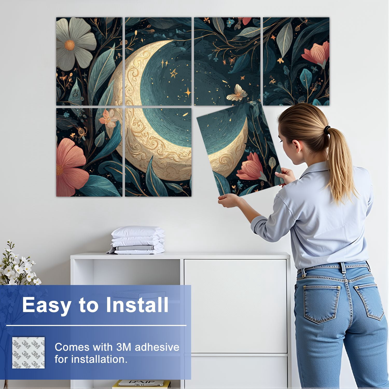 8 Pack Art Acoustic Panels Sound Absorbing Vintage Dark Moon Botanical Night Forest 3D Texture Hand Drawn Decorative Soundproof Wall Panels Self Adhesive for Studio Home Office 48"x32"