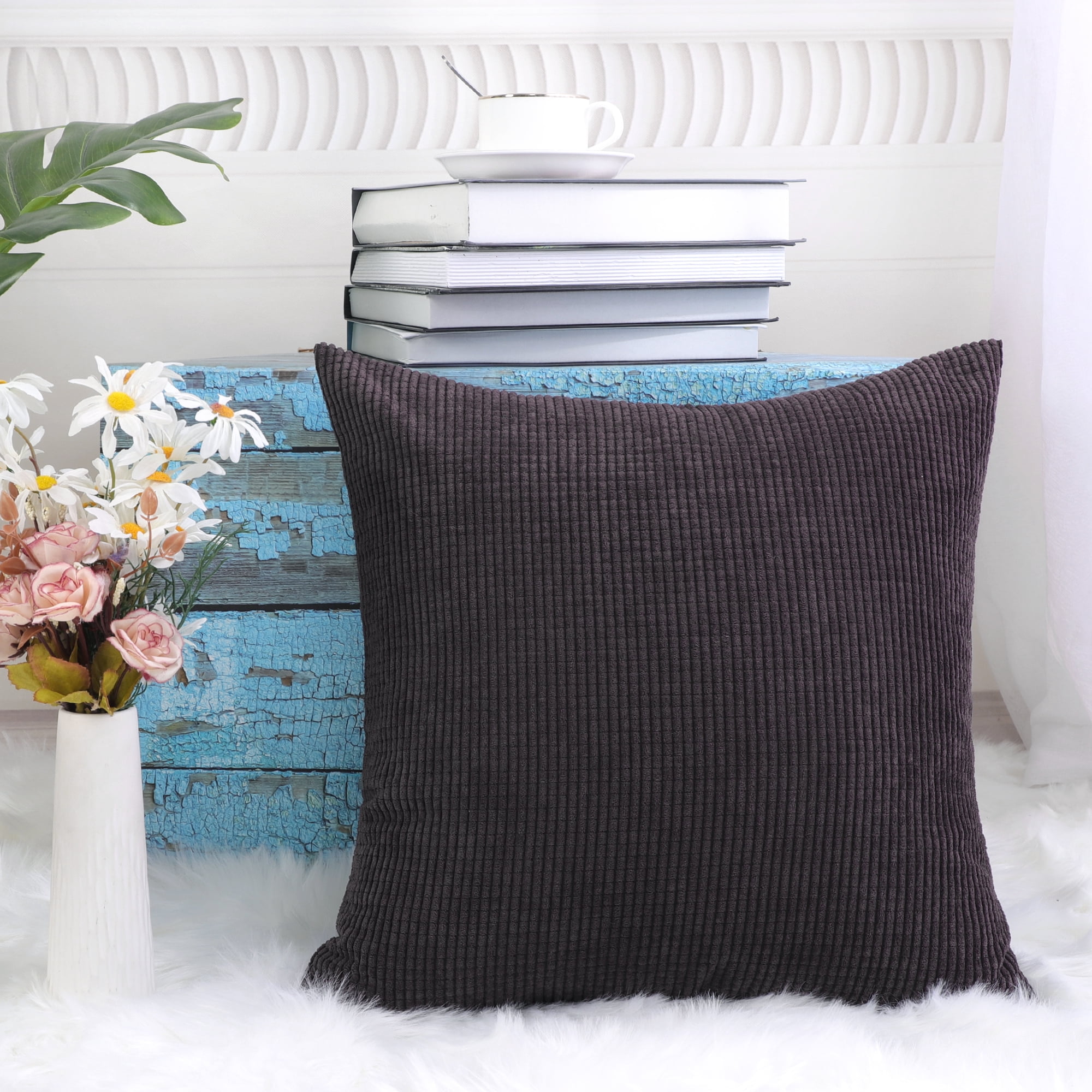 Unique Bargains Corduroy Texture Decorative Throw Pillow Cover Dark Brown 20" x 20"
