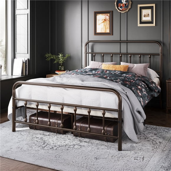 Fullfurnique Classic Iron Platform Bed Frame with High Headboard and Footboard, Queen, Bronze