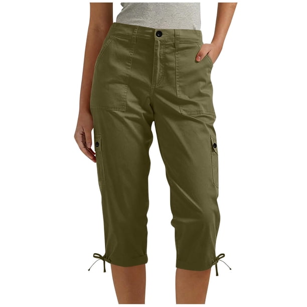 Pantalones de Cintura Elástica para Mujeres Color Sólido Ropa Casual Bolsillos de Longitud Completa Capris Mujeres Cintura Elástica Capris