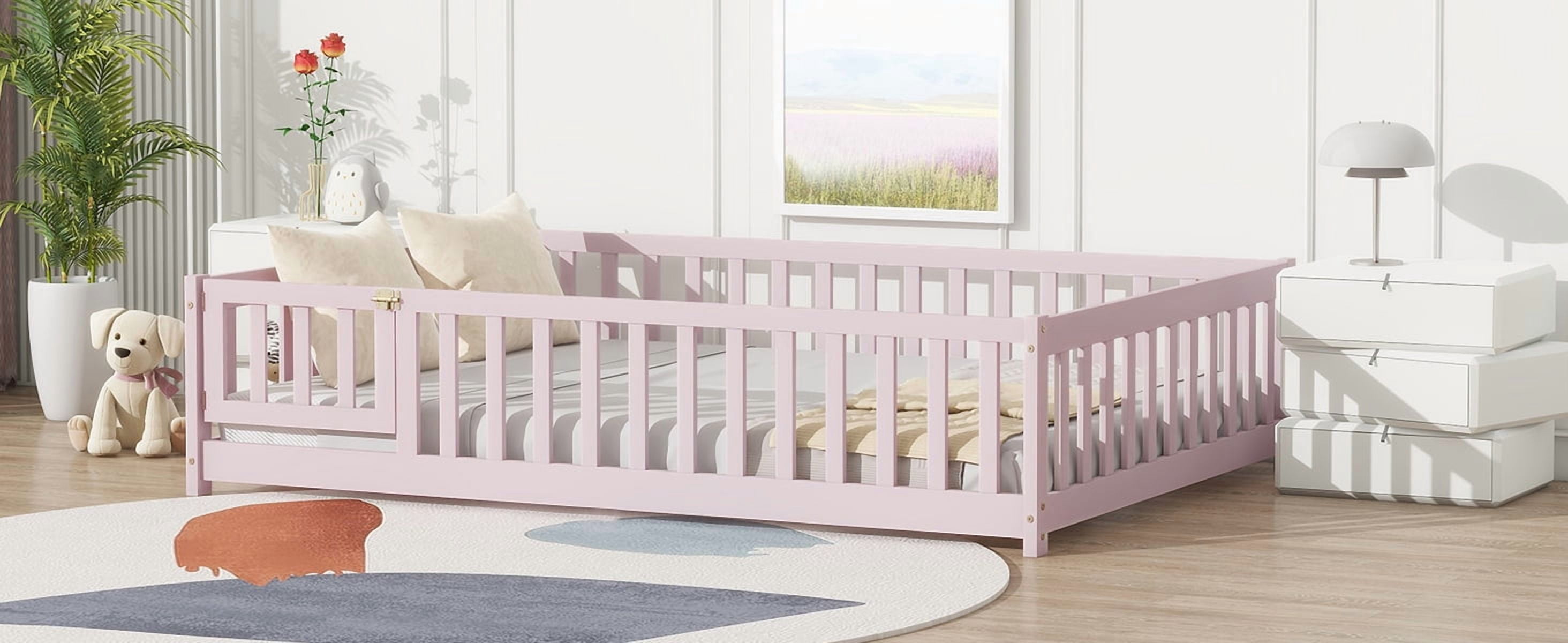 Full Size Rubber Wood Floor Bed with Fence and Door, Pink Safety Guardrails Kids Platform Bed, 7 Slats Support No Box Spring Needed for Compact Bedroom