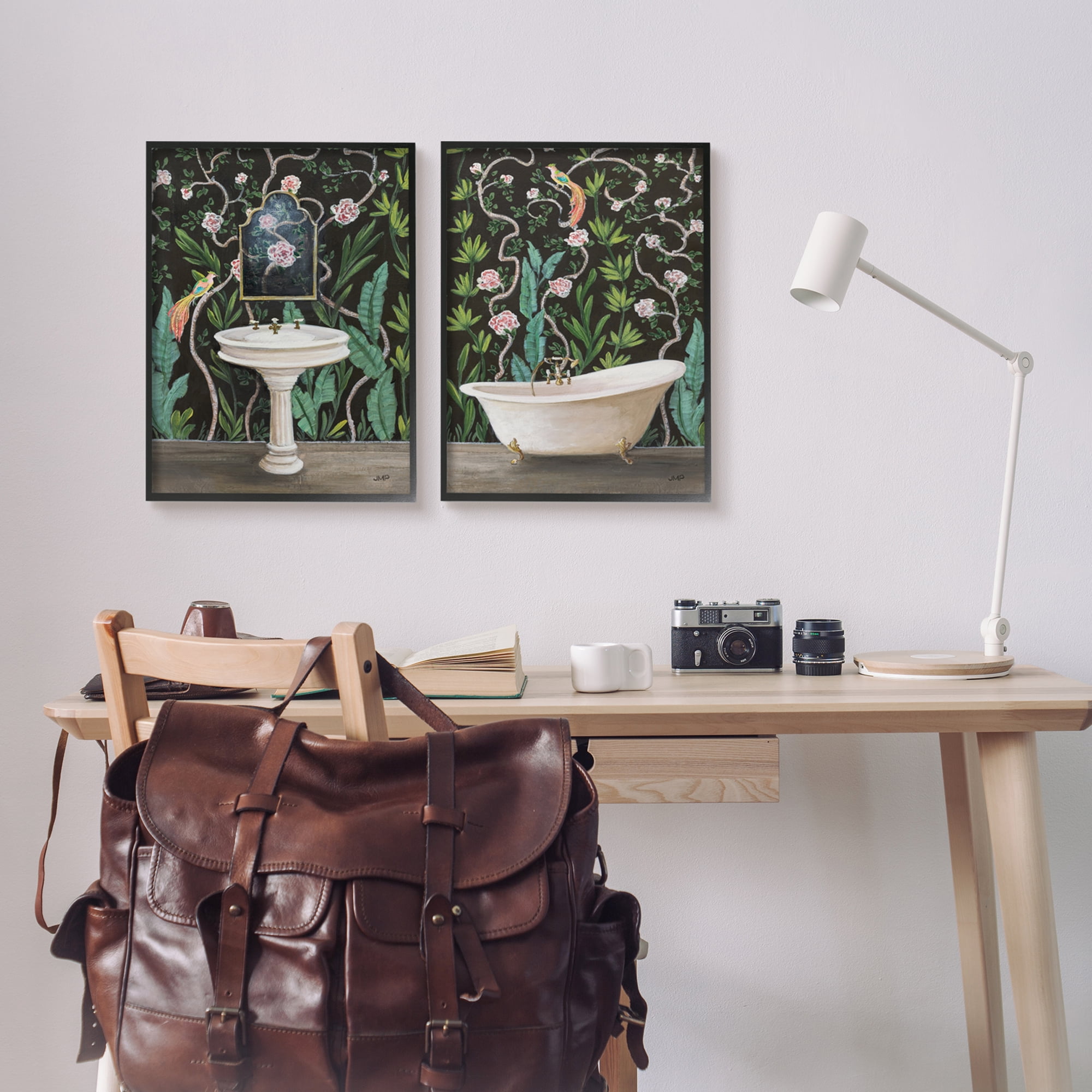 Stupell Industries Tropical Patterned Bathroom Botanical & Floral Painting Black Framed Art Print Wall Art, 16 x 20, Set of 2