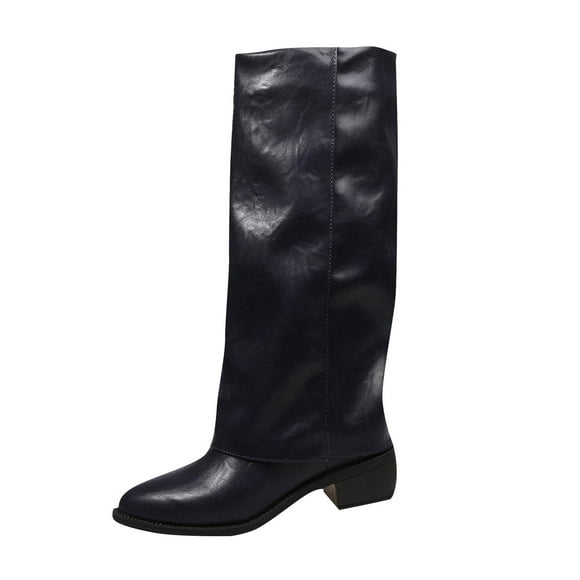 Lovzfmll Knee High Boots Women, Slouchy Mid Calf Chunky Heel, Block Mid Heel Pointy Toe Leather Boots Casual Fall Black Boots