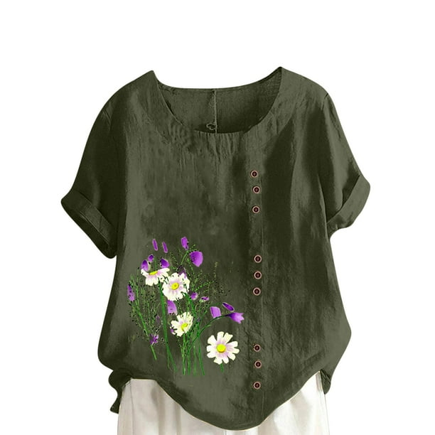 Camiseta suelta informal de verano con cuello redondo y manga corta con estampado de flores para mujer OAVQHLG3B Store lin121212