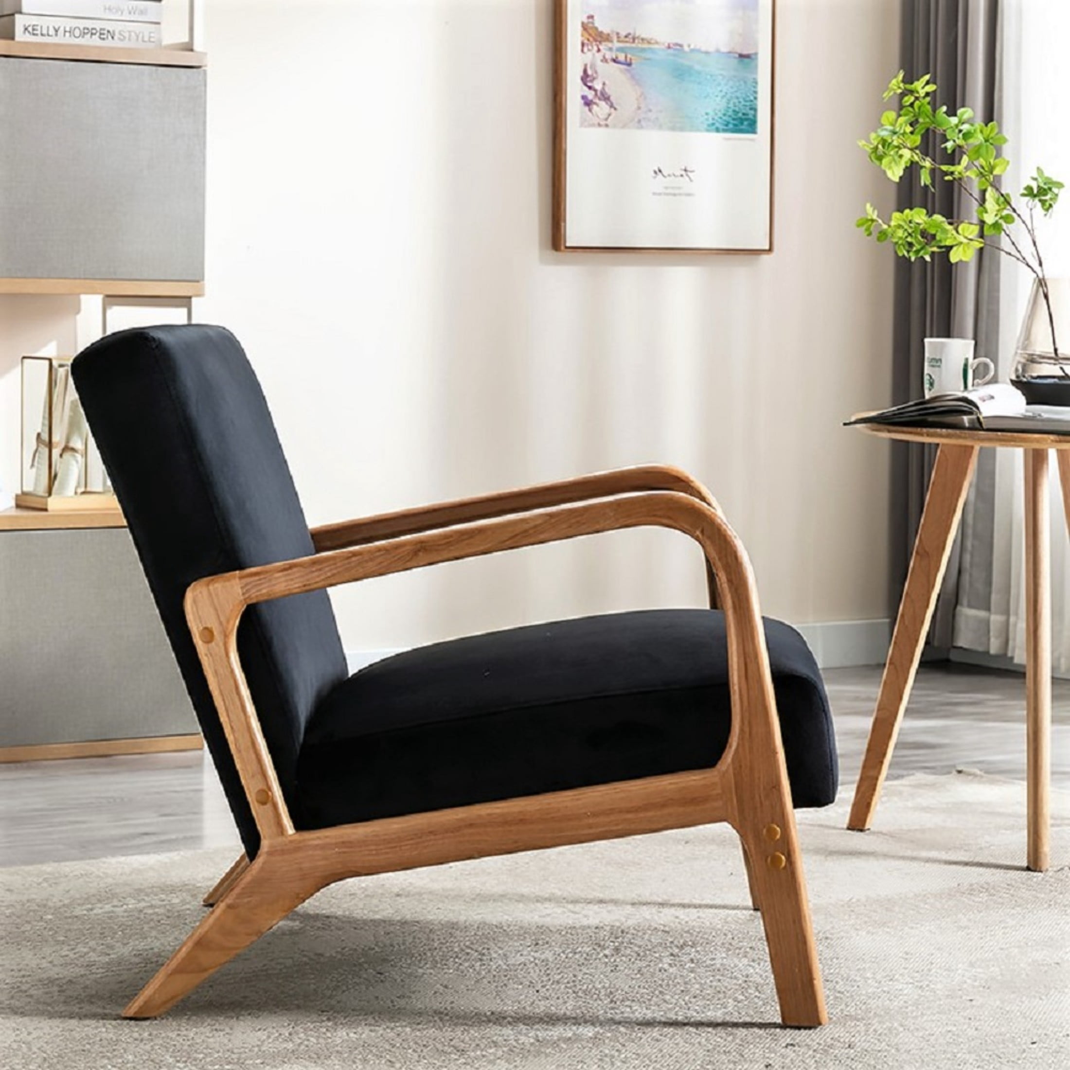 GDF Studio 32.7" Mid-Century Modern Accent Chair with Open Wood Frame, Plush Velvet Upholstery, Black