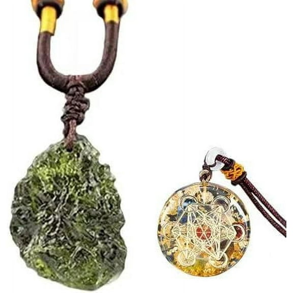 Moldavite Pendant Aerolites Raw Meteorite Necklace AND Orgone Merkaba Metatron Cube Pendant Emf Necklace(Set of 2)