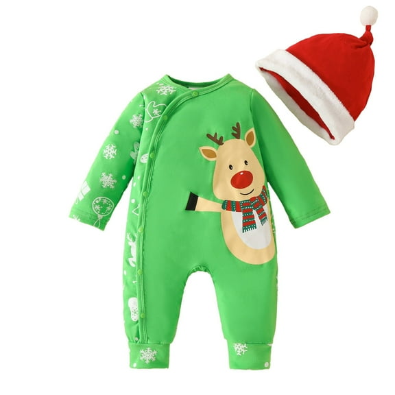 Generic Baby Girl Fall Outfits Kids Christmas Clothes Xmas Long Legs Crawling Suit Cotton Cute Deer Snowflake Jumpsuit Hat for Classic Fashion Breathable Clothing(12-15 Months,Green)