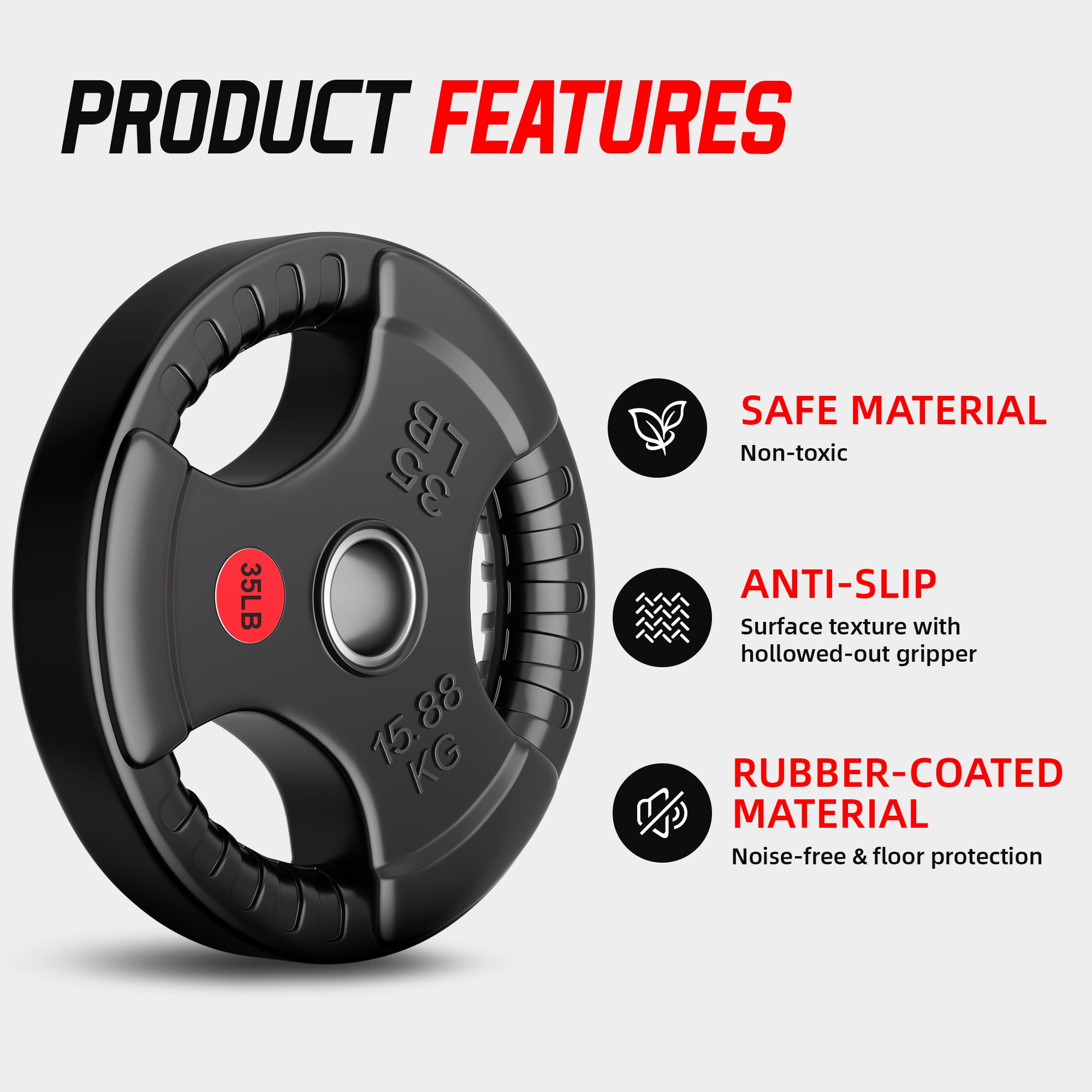 Signature Fitness 3-Grip Olympic Rubber Weight Plates, 2.5LB–45LB, Black with Red Label, Pair or 4-Pack