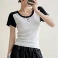 thumbnail image 2 of Camiseta de algodón para mujer, cuello redondo, corte ajustado, cuello redondo, transpirable, cómoda, sin costuras, transición de sin mangas a con mangas, 2 of 3
