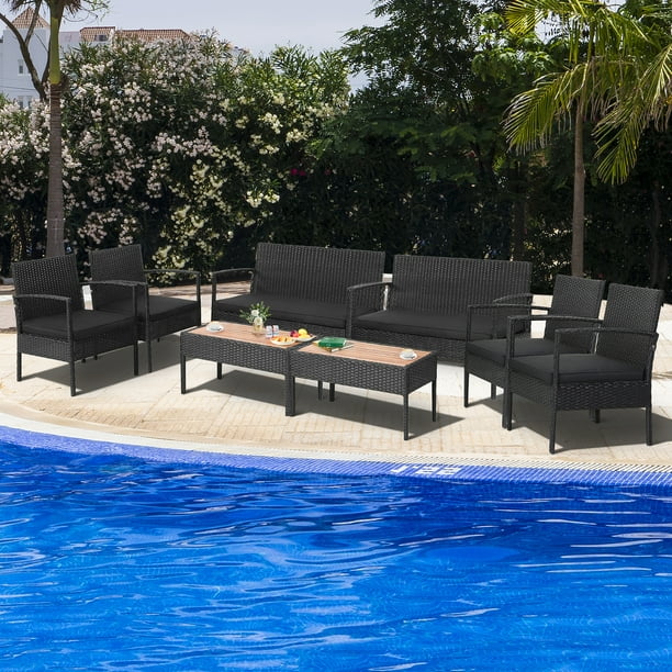 Costway 8PCS Patio Rattan Furniture Set Cushioned Chair Wooden Tabletop