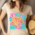 thumbnail image 4 of Women’s Tropical Seashell T-Shirt, Bright Hibiscus Floral Beach Graphic Tee, White, Size S, 4 of 6
