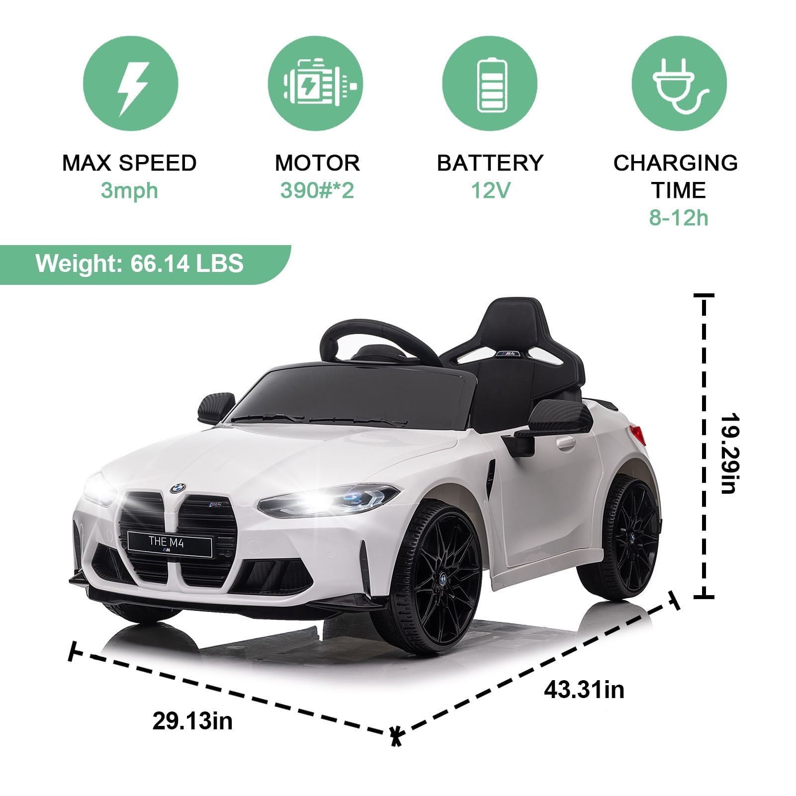 BMW M4 12V Kids Ride On Toy Car with Remote Control, Toddler Electric Car with 3 Speeds,USB,MP3,Bluetooth,LED Lights,Battry Powered Ride On Car For Kids Aged 3+,White