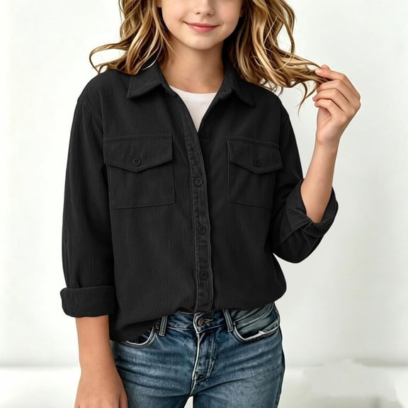 Kids Girls Corduroy Shirt Jacket Lapel Button Down Long Sleeve Shacket Jacket With Pockets Boys Girls Casual Oversized Outerwear