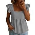 thumbnail image 2 of Tops for Women Square Neck Cotton Linen Blouse Ruffle Sleeves Peplum Top Sweet Casual Summer Clean Outfits Gray XL, 2 of 8