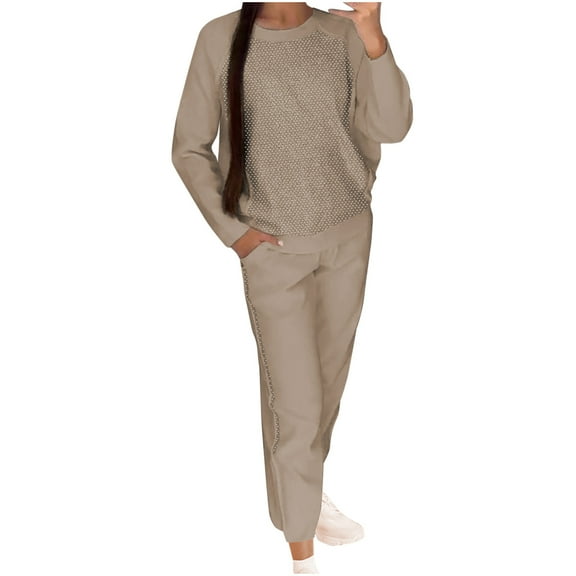 YUGYXL Women's 2 Piece Outfits Sequins Patchwork Crewneck Long Sleeve Sweatshirt with Jogger Pants Loungewear Sets Beige XXXXL