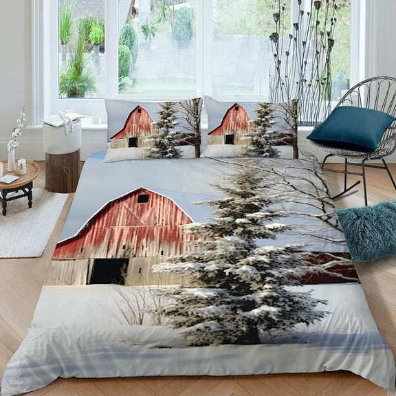 Pratyus Snowy Barn 3-Piece Bedding Set (Single-Sided Print) Comfortable and Breathable Peach Skin Velvet Bedroom Guest Room 87x68in