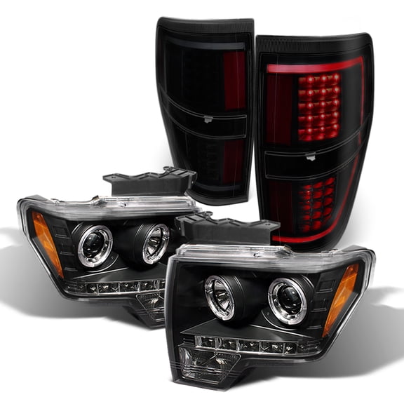 AKKON - Fits 2009-2014 Ford F150 Dual LED Projector Black Headlights   LED [Light Bar] Black Smoked Tail Lamp LH RH Combo