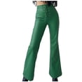 thumbnail image 1 of Women's Leather Flare Pants Trendy Stretchy High Waisted Lace up Solid Color Bell Bottom Trousers Green, 1 of 6
