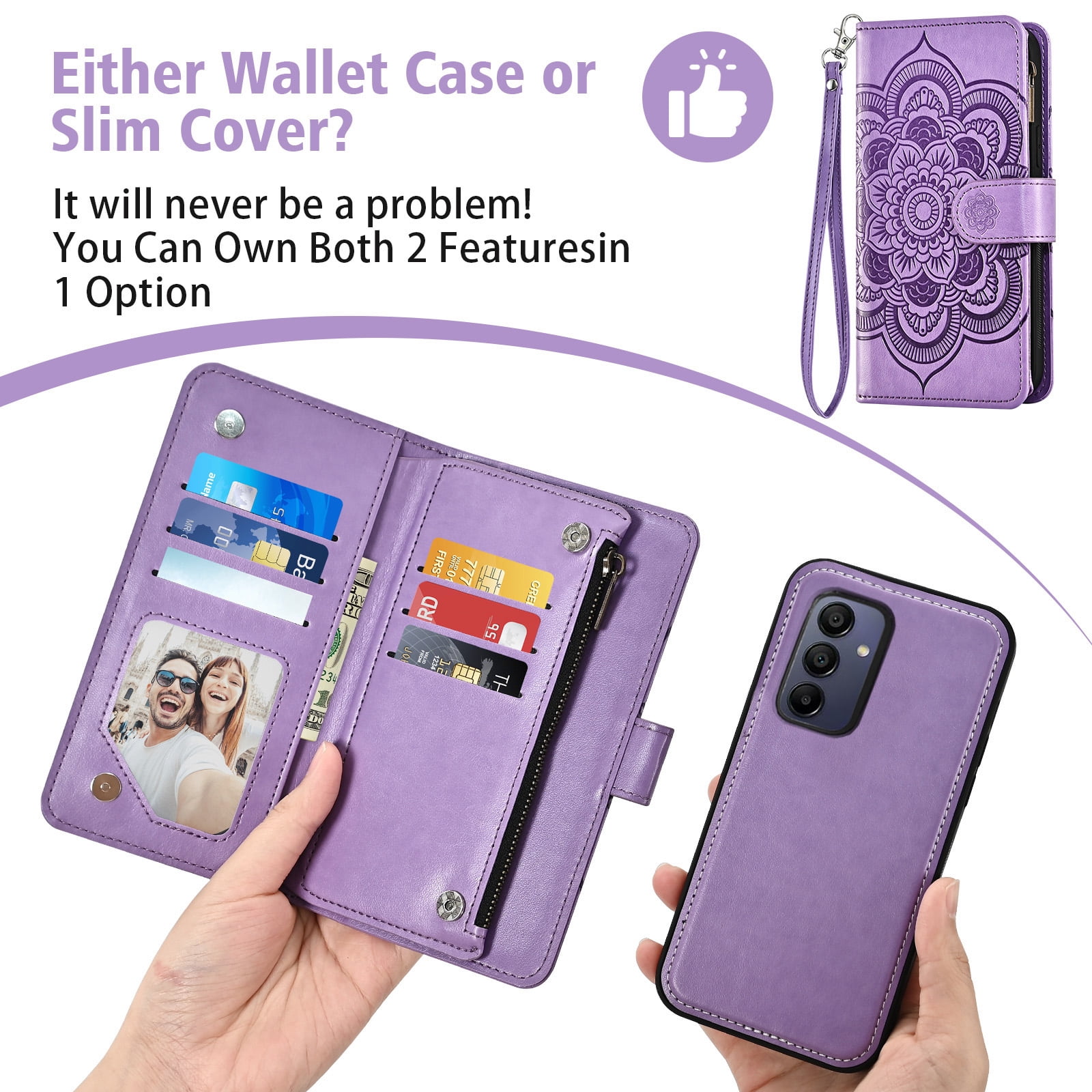 Asuwish Phone Case for Samsung Galaxy A15 5G/4G Zipper Wallet Magnetic Detachable Cell Cover with Tempered Glass Screen Protector Crossbody Strap Flower Card Holder Slot A 15 G5 15A Women Purple
