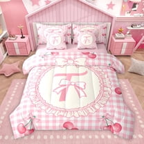 Manfei Western Princess Bowknot Twin Bedding Sets 7-Piece, Kawaii Pink Monogrammed T Bedding Comforter Set, Cartoon Cute Cherry Reversible Sheet Sets, Breathable Home Decor