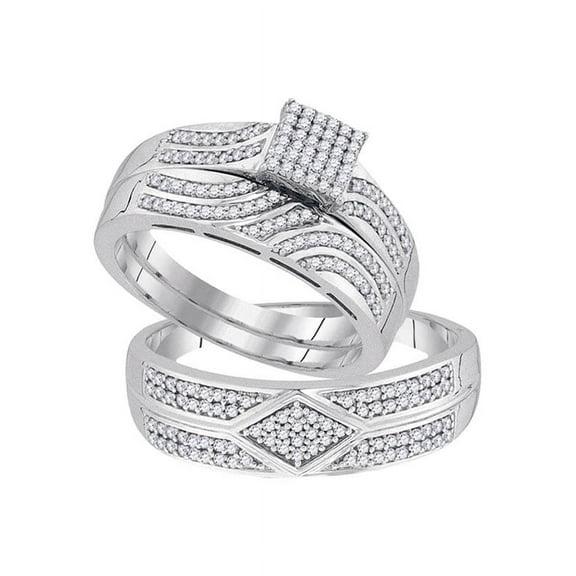 10kt White Gold His & Hers Round Diamond Square Cluster Matching Bridal Wedding Ring Band Set 1/2 Cttw