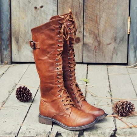 

Hvyes Halloween Decorations Retro Lace Up Cowgirl Cowboy Boots For Women Round Toe Low Heel Long Tall Wide Mid Calf Combat Boots