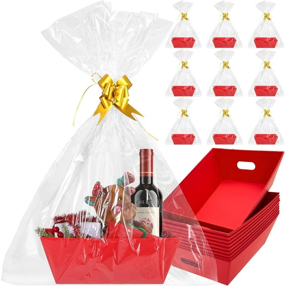 Sibosen 10PCS 10x12”Red Baskets For Gifts Empty Thick Kraft Gift Basket with 10 Green Pull Bows 10 Bags Empty Gift Baskets for Christmas, Thanksgiving Wedding Birthday Party Wrapping Gift