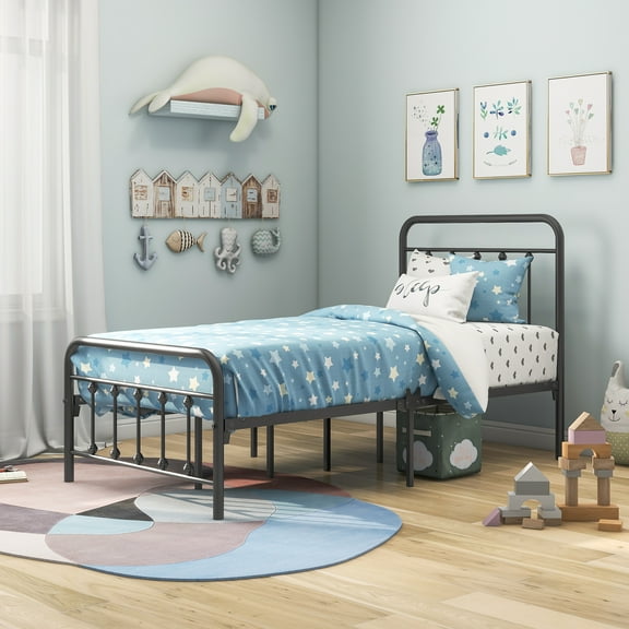Sturdy Twin Metal Platform Bed Frame with Vintage Headboard No Box Spring Needed Black