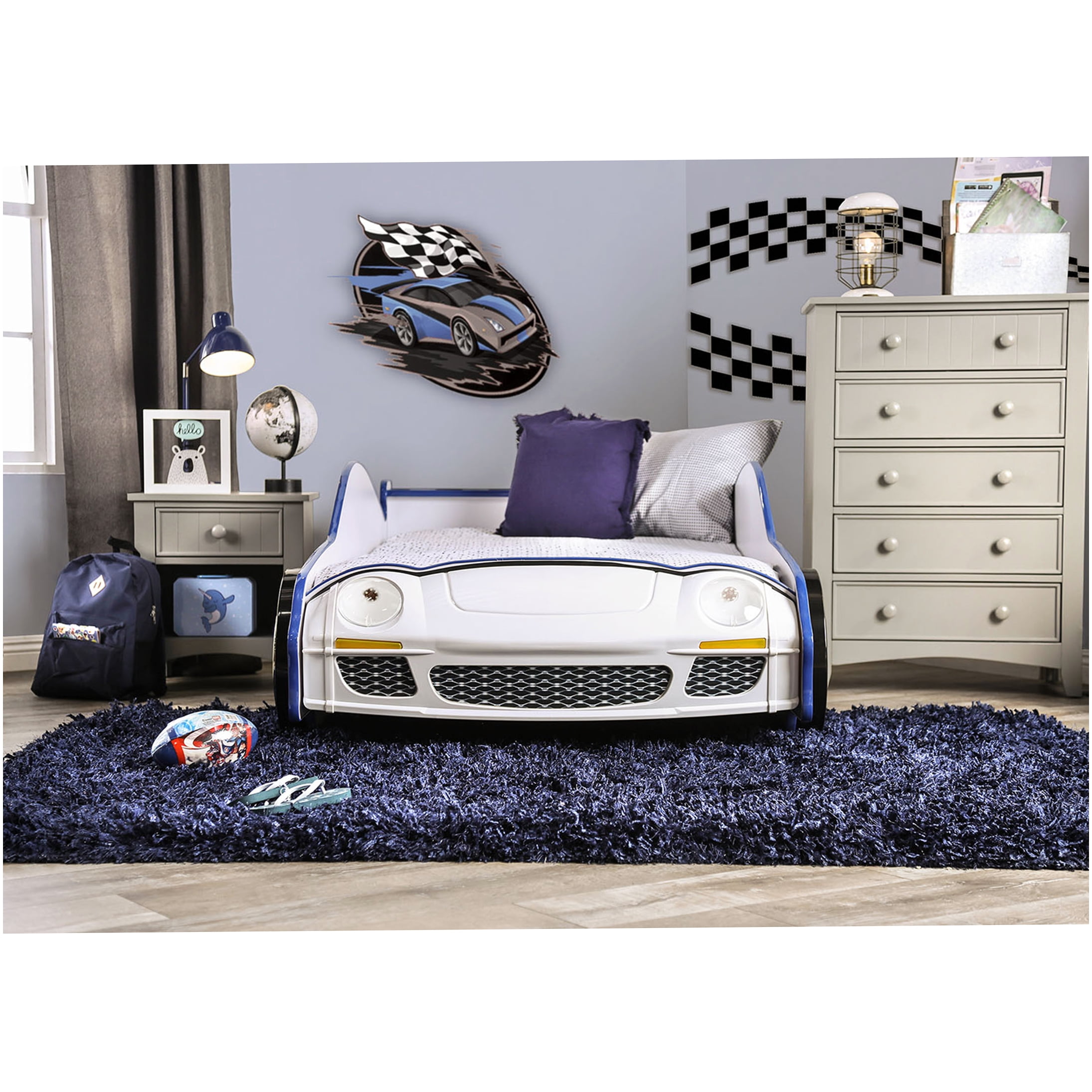 Modern Police Car Twin Bed with LED Lights, High Gloss Metal Frame for Enhanced Stability