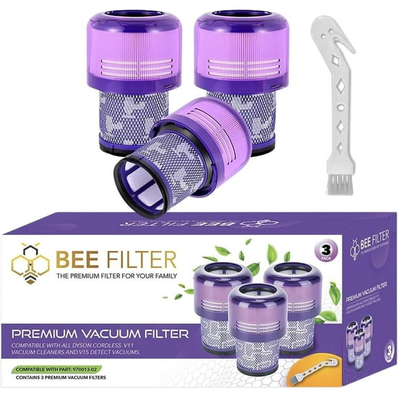 Bee Filter 3-Pack Purple Premium True HEPA Replacement Filters Compatible with Dyson V15 Detect, V15 Detect Absolute, V15 Submarine, V11 Animal Filter, V11 Filter, Part no 970013-02