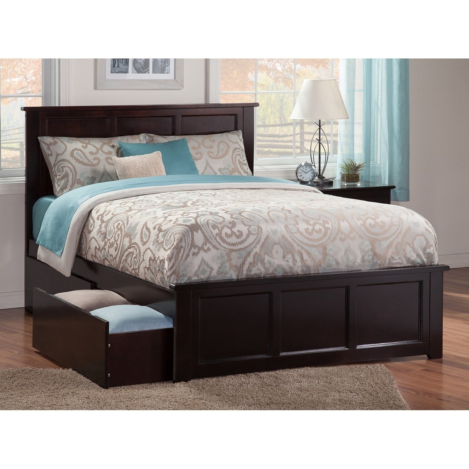 Atlantic Furniture Madison Queen Platform Bed with Matching Foot Board with 2 Urban Bed Drawers